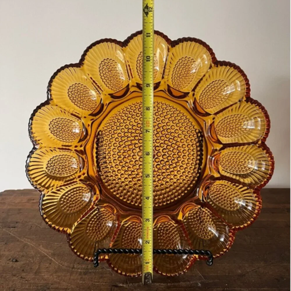 Vintage Indiana Hobnail Raised Amber Carnival Glass Deviled Egg Platter - Picture 5 of 5